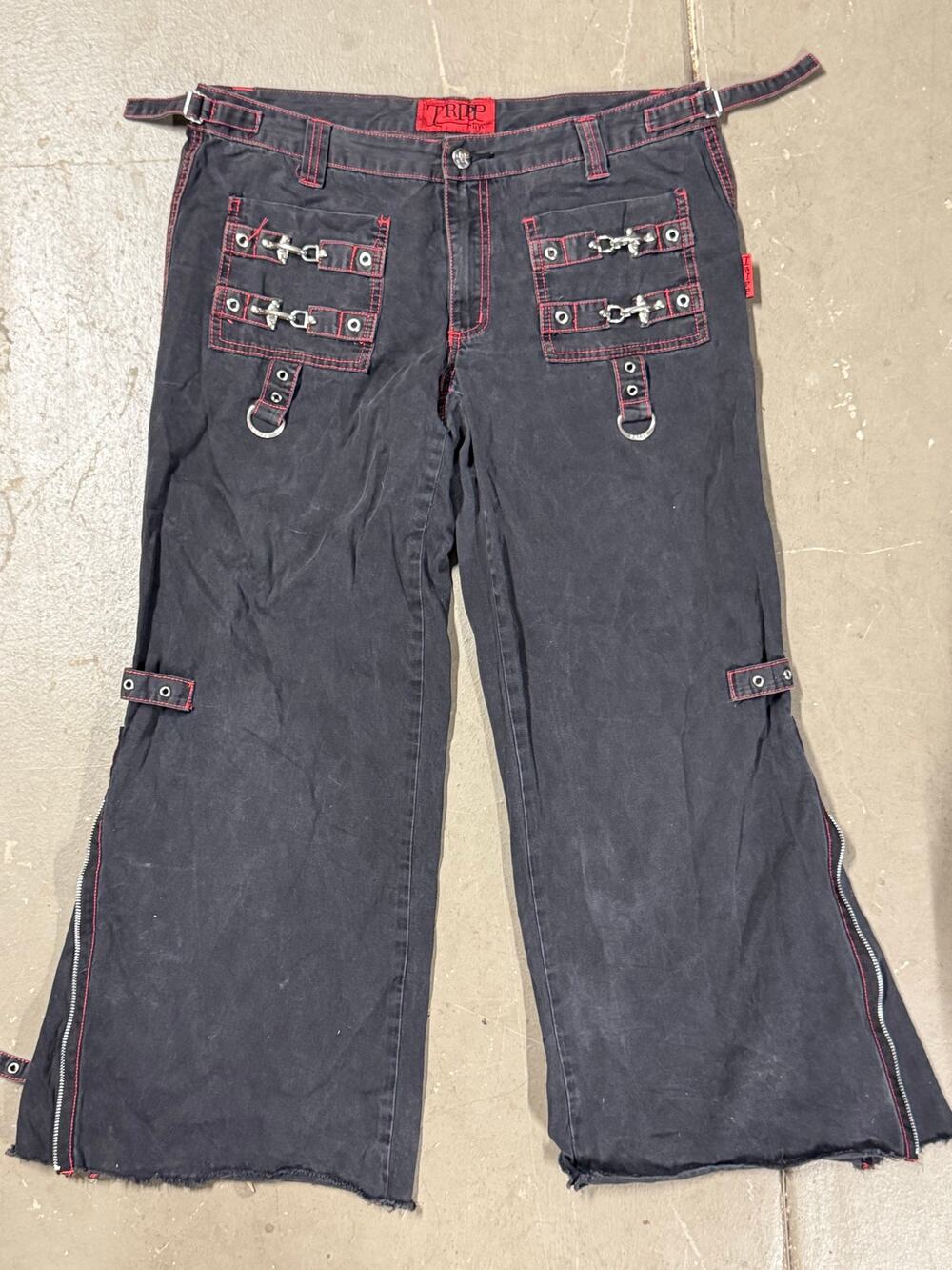 Tripp NYC Y2K Pants wide leg washed black zippers red stitching size 13 womens